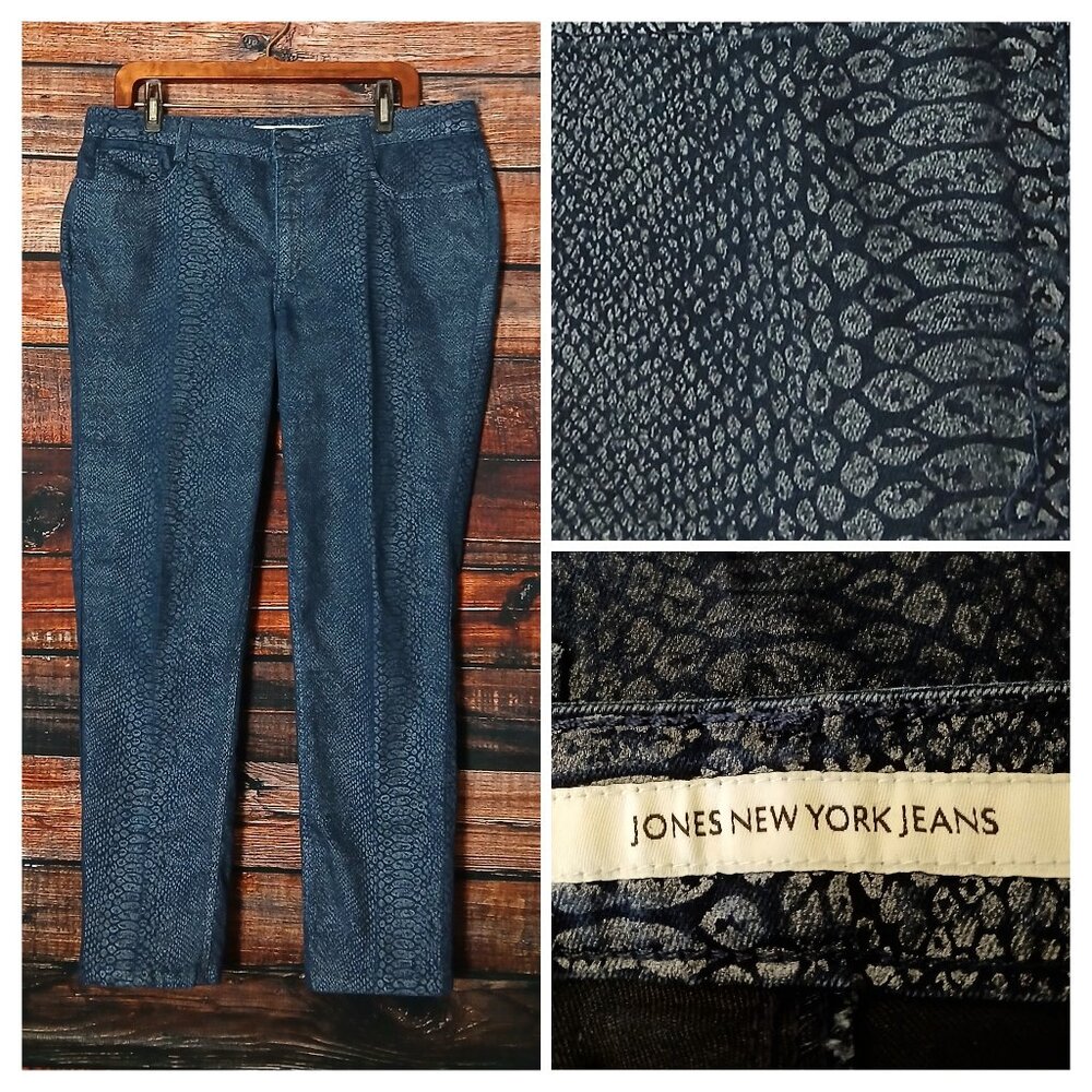 Jones New York Jeans 16 Sutton Straight Navy Blue Snakeskin Print Stretch